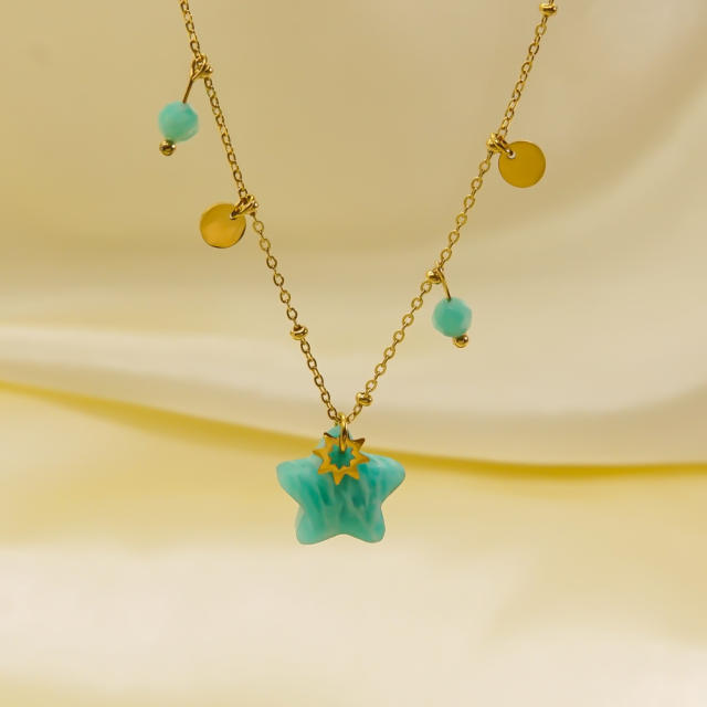 Beach trend natural stone star pendant dainty stainless steel necklace