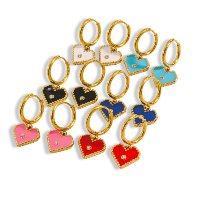 14KG sweet color enamel heart stainless steel huggie earrings