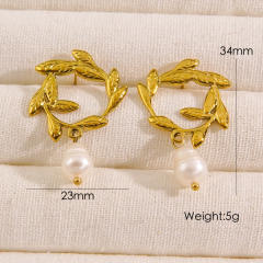 14KG flower pearl drop stainless steel earrings