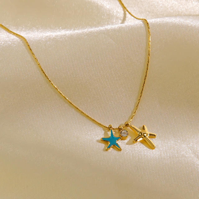 INS ocean series enamel starfish pendant stainless steel necklace