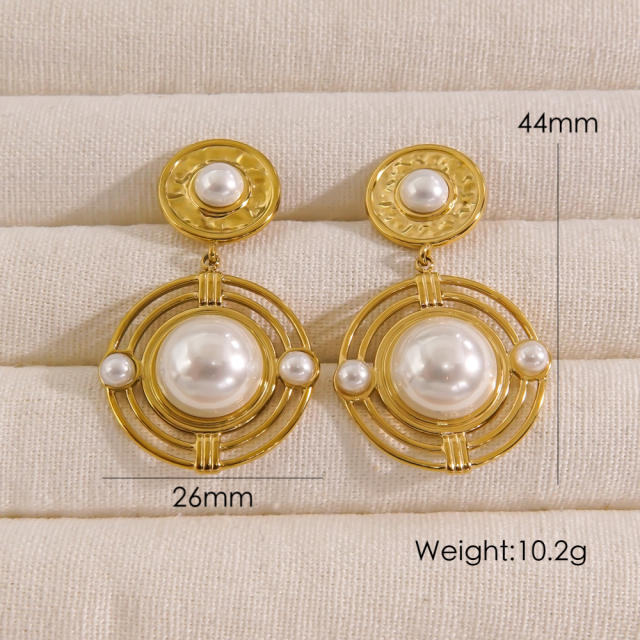 14KG Boho pearl bead drop stainless steel earrings