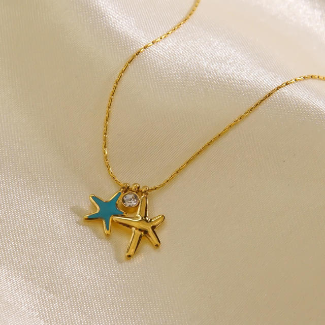INS ocean series enamel starfish pendant stainless steel necklace
