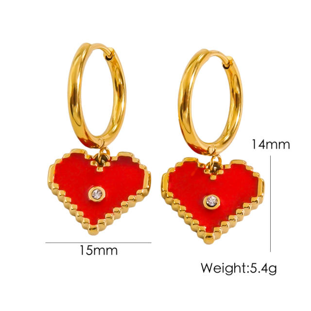 14KG sweet color enamel heart stainless steel huggie earrings