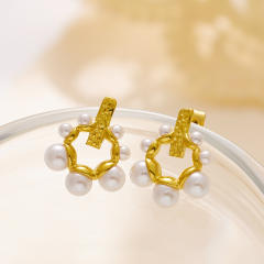 Elegant vintage pearl bead geometric gold plated stainless steel earrings
