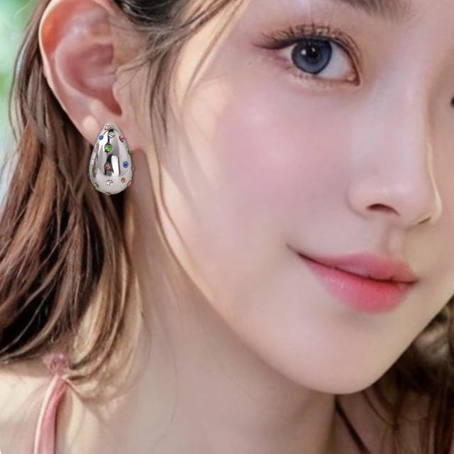 HOT sale gold silver color rhinestone stainless steel water drop chunky earrings