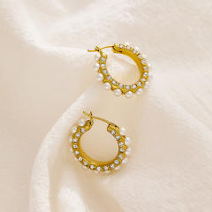 Elegant vintage pearl bead geometric gold plated stainless steel earrings
