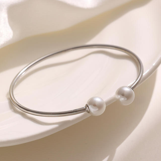 Easy match imitation pearl stainless steel cuff bangle bracelet