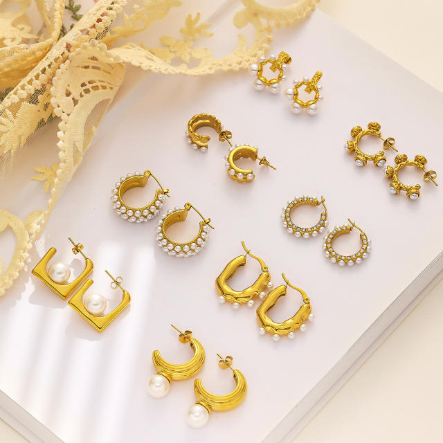 Elegant vintage pearl bead geometric gold plated stainless steel earrings