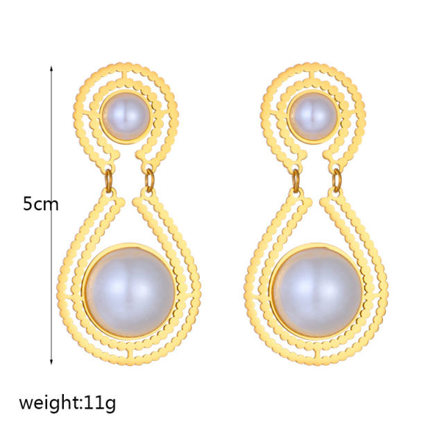 Vintage pearl statement drop shape stainless steel earrings