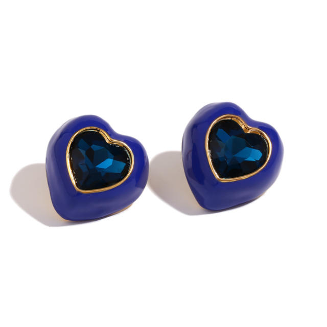 18KG color enamel cubic zircon heart shape stainless steel earrings