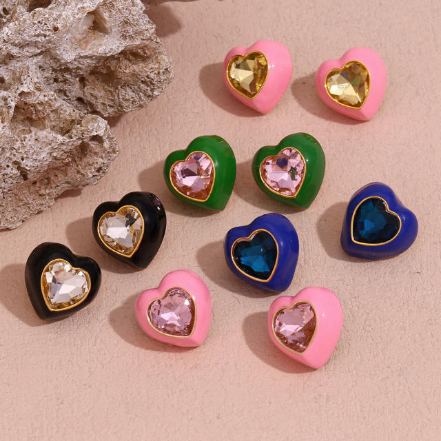 18KG color enamel cubic zircon heart shape stainless steel earrings