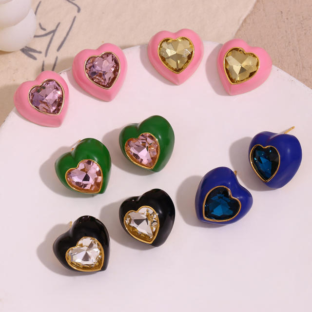 18KG color enamel cubic zircon heart shape stainless steel earrings