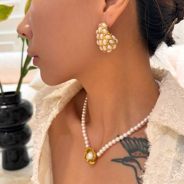 Chunky pearl bead water drop stainless steel earrings