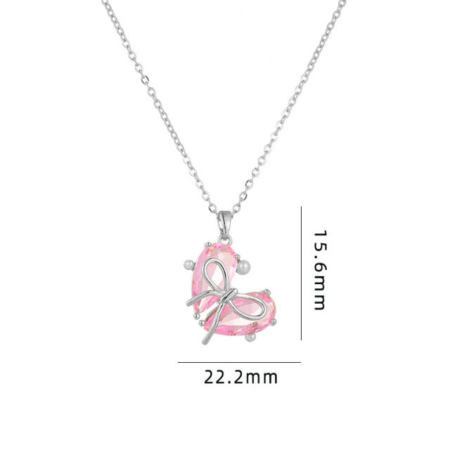 Delicate bow heart colorful pendant stainless steel chain dainty necklace