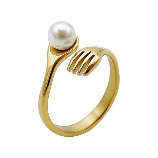 Unique pearl bead hand hug stainless steel finger rings