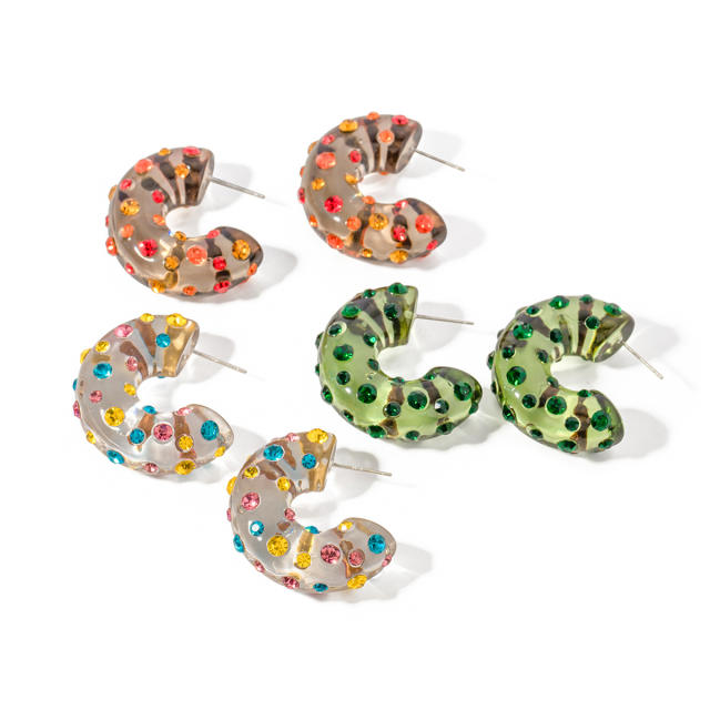 Spring clear resin colorful rhinestone chunky earrings stainless steel needle