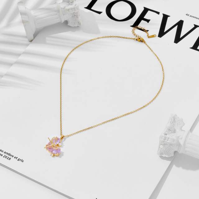 Delicate bow heart colorful pendant stainless steel chain dainty necklace