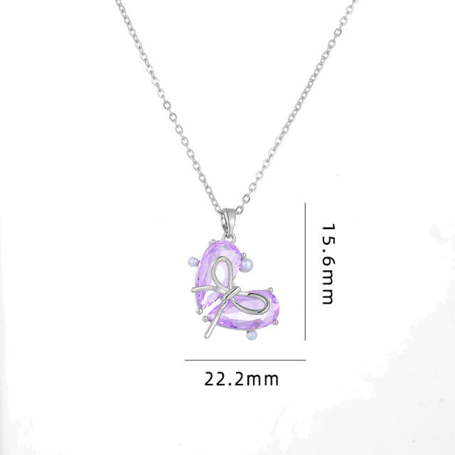 Delicate bow heart colorful pendant stainless steel chain dainty necklace