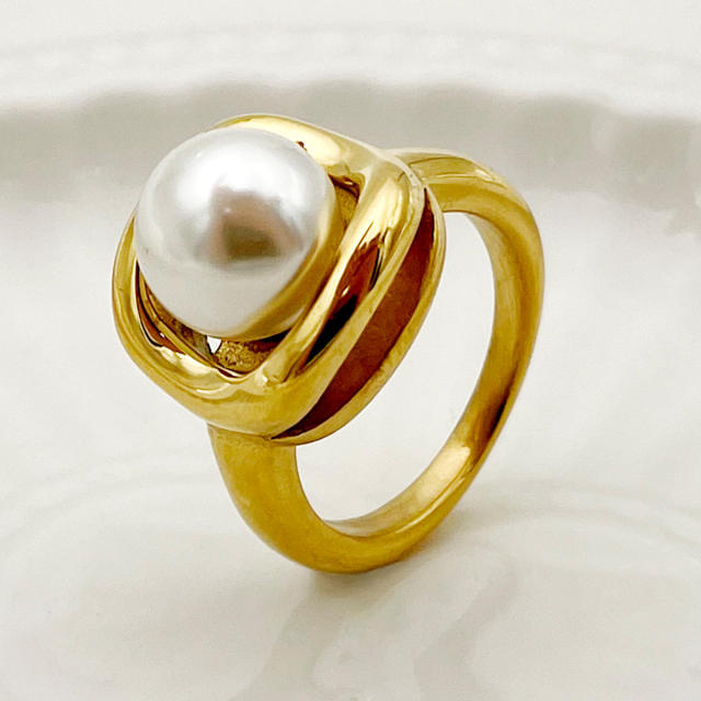 Vintage holiday trend pearl bead stainless steel rings