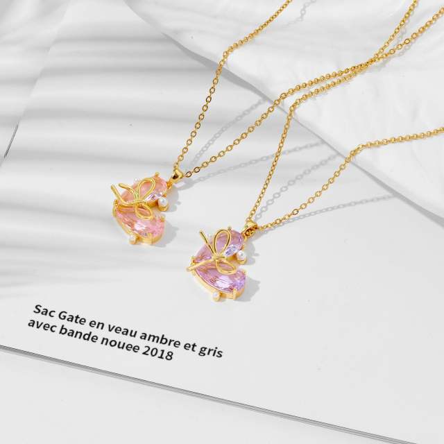 Delicate bow heart colorful pendant stainless steel chain dainty necklace