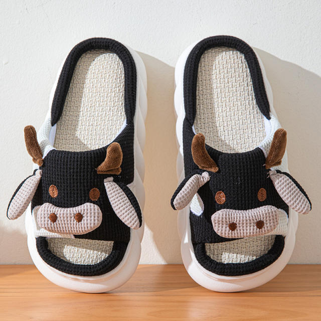 Super soft natural Linen slippers cartoon cow frog slippers