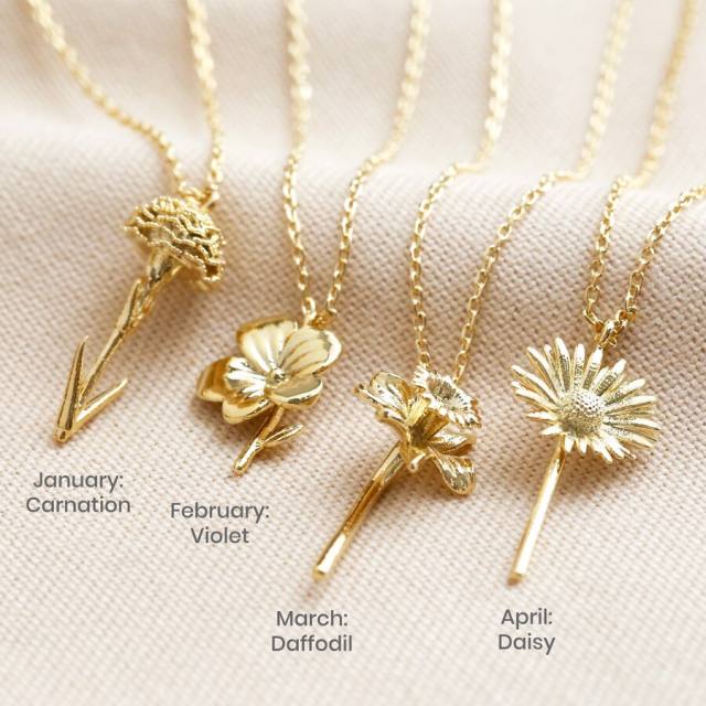 Delicate gold color copper birth flower pendant necklace