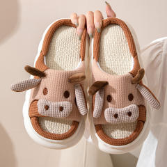 Super soft natural Linen slippers cartoon cow frog slippers