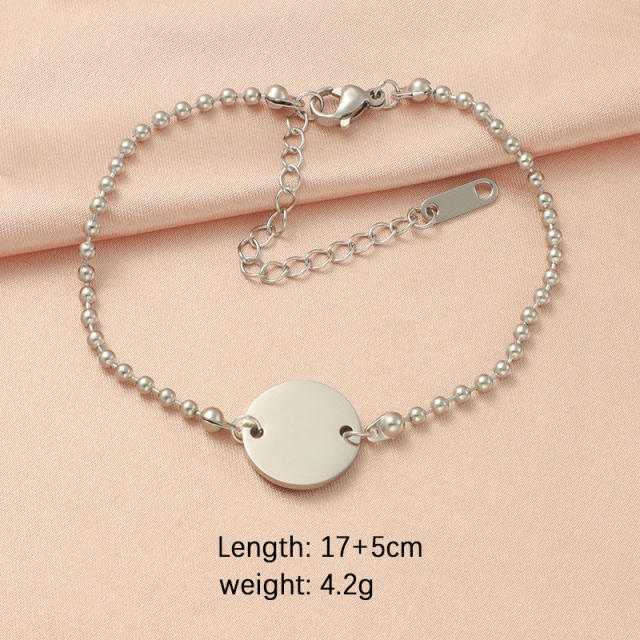 Delicate round piece stainless steel bracelet engrave letter bracelet