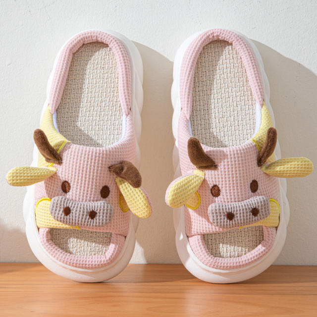 Super soft natural Linen slippers cartoon cow frog slippers