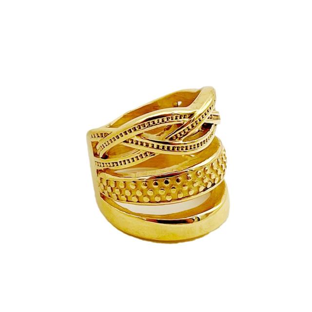 Unique gold color cross line stainless steel chunky rings