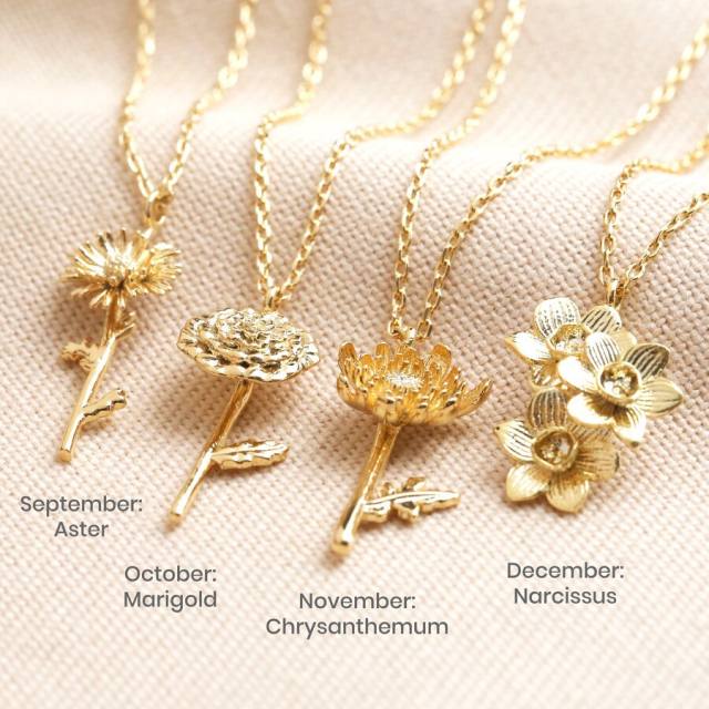 Delicate gold color copper birth flower pendant necklace