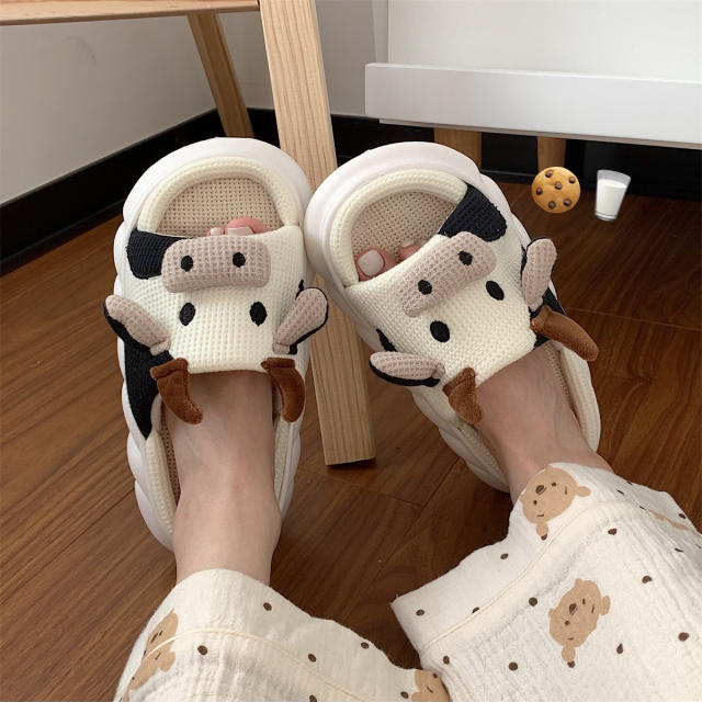 Super soft natural Linen slippers cartoon cow frog slippers