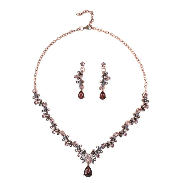 Vintage baroque rose red black color rhinestone necklace set