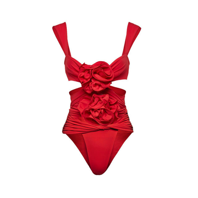 Holiday plain color stereo flower beach bikini swimsuit set