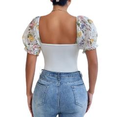 Summer fresh green yellow color flower puff sleeve corset bodysuit