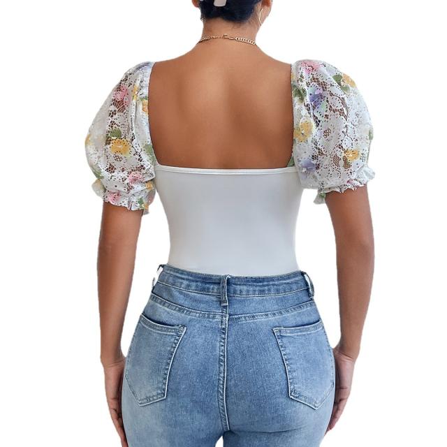 Summer fresh green yellow color flower puff sleeve corset bodysuit