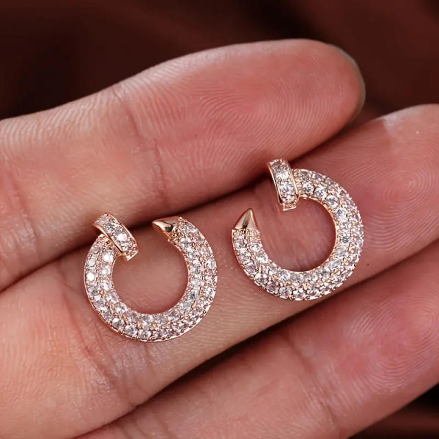 Concise diamond nail circle copper studs earrings