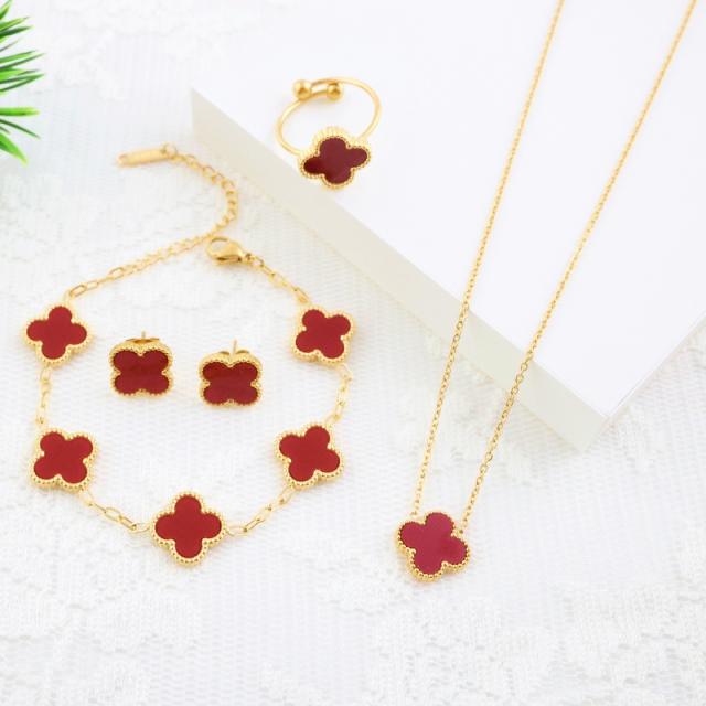 4pcs set colorful clover classic stainless steel necklace set
