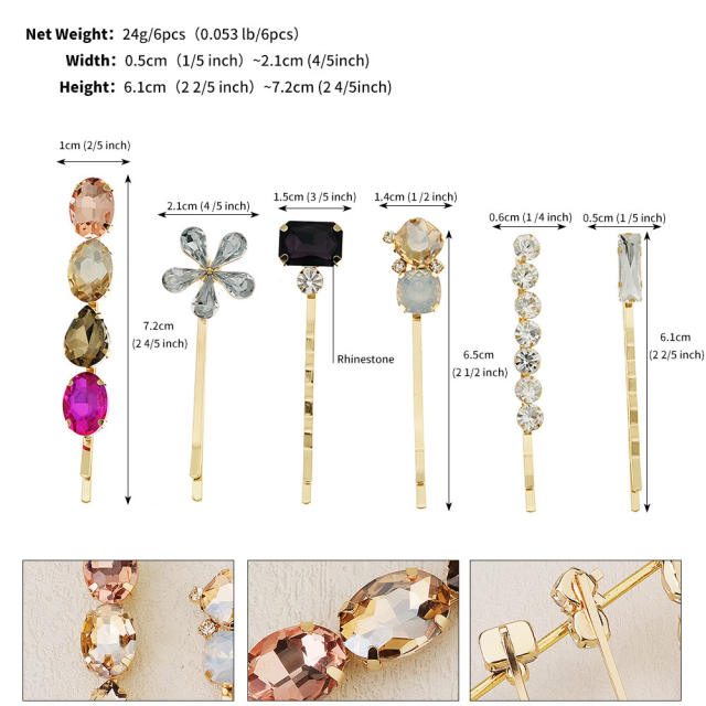 Spring summer colorful rhinestone easy match bobby pins hair clip set