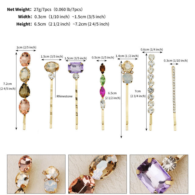 Spring summer colorful rhinestone easy match bobby pins hair clip set