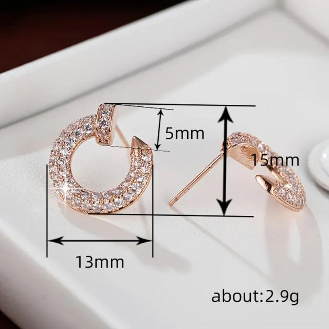 Concise diamond nail circle copper studs earrings