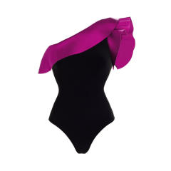 Contrast color rose red one shoulder swimsuit set