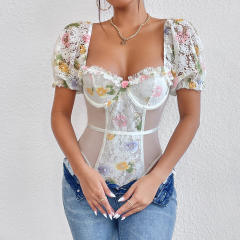 Summer fresh green yellow color flower puff sleeve corset bodysuit