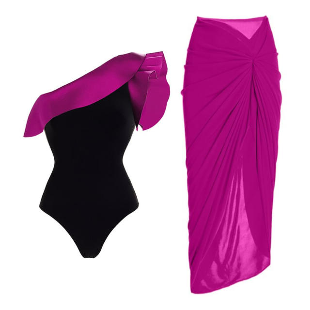 Contrast color rose red one shoulder swimsuit set