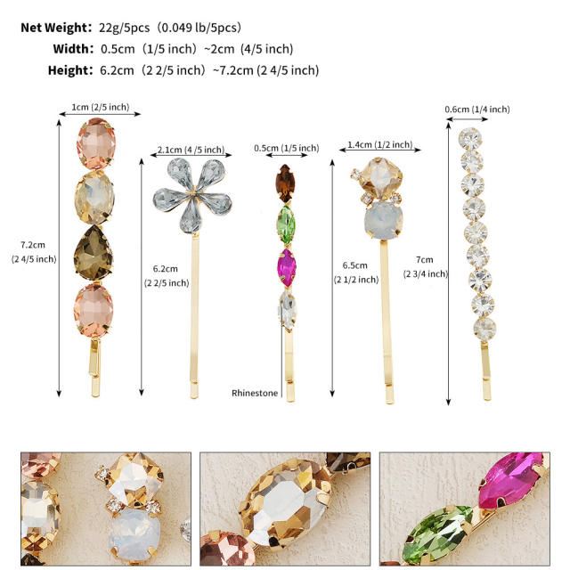 Spring summer colorful rhinestone easy match bobby pins hair clip set