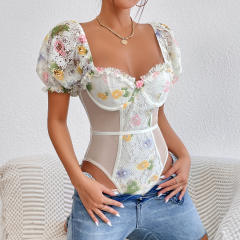 Summer fresh green yellow color flower puff sleeve corset bodysuit