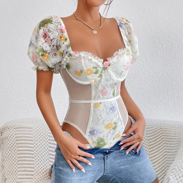 Summer fresh green yellow color flower puff sleeve corset bodysuit