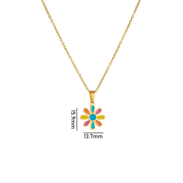 Colorful enamel sunflowr butterfly shell pendant stainless steel necklace dainty necklace