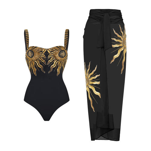 Hot sale gold color sun pattern one piece swimsuit set