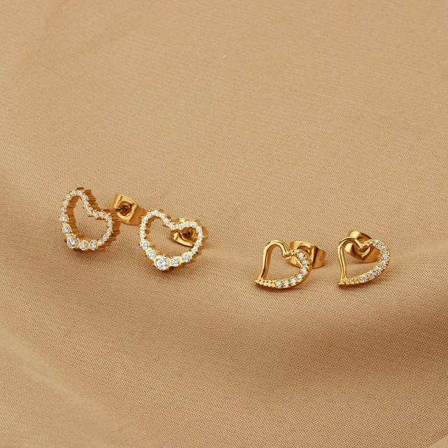 Delicate diamond heart hollow out stainless steel studs earrings